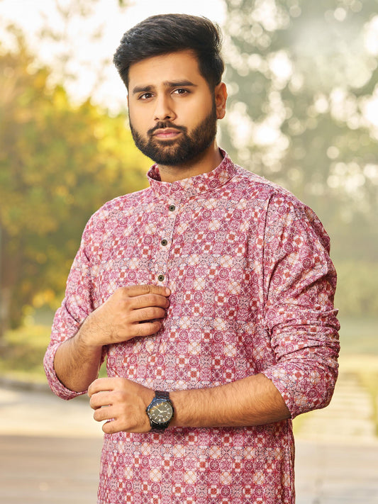 Men’s Multi-Color Rayon Kurta with Schiffli Chikan Embroidery & Print – Cotton Bottom Included