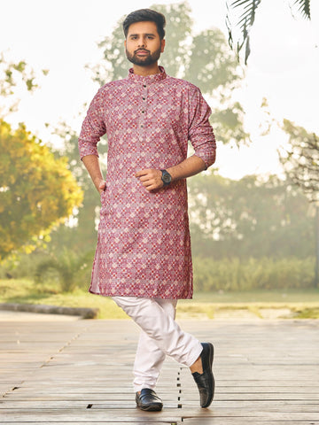 Men’s Multi-Color Rayon Kurta with Schiffli Chikan Embroidery & Print – Cotton Bottom Included