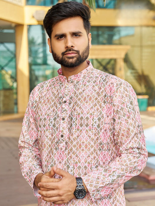 Men’s Multi-Color Rayon Kurta with Schiffli Chikan Embroidery & Print – Cotton Bottom Included