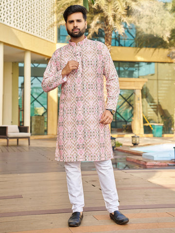 Men’s Multi-Color Rayon Kurta with Schiffli Chikan Embroidery & Print – Cotton Bottom Included