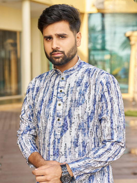 Men’s Multi-Color Rayon Kurta with Schiffli Chikan Embroidery & Print – Cotton Bottom Included