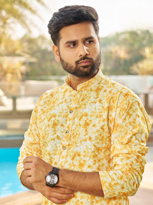 Men’s Multi-Color Rayon Kurta with Schiffli Chikan Embroidery & Print – Cotton Bottom Included