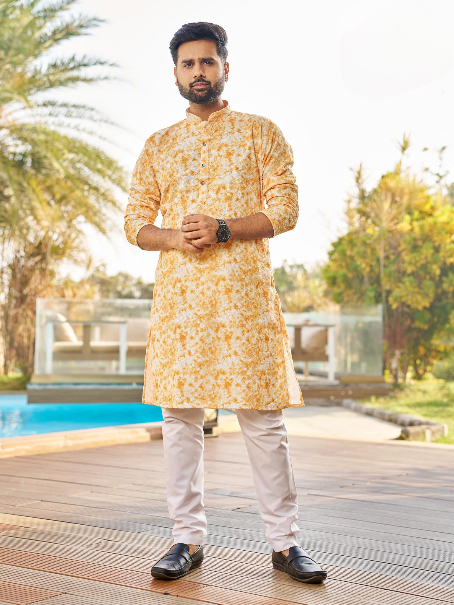 Men’s Multi-Color Rayon Kurta with Schiffli Chikan Embroidery & Print – Cotton Bottom Included