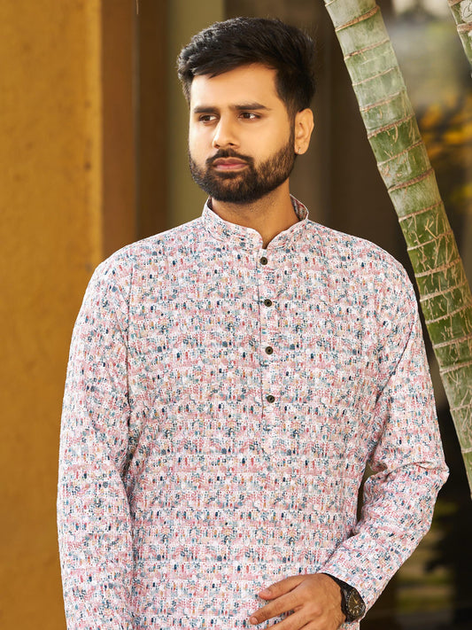 Men’s Multi-Color Rayon Kurta with Schiffli Chikan Embroidery & Print – Cotton Bottom Included