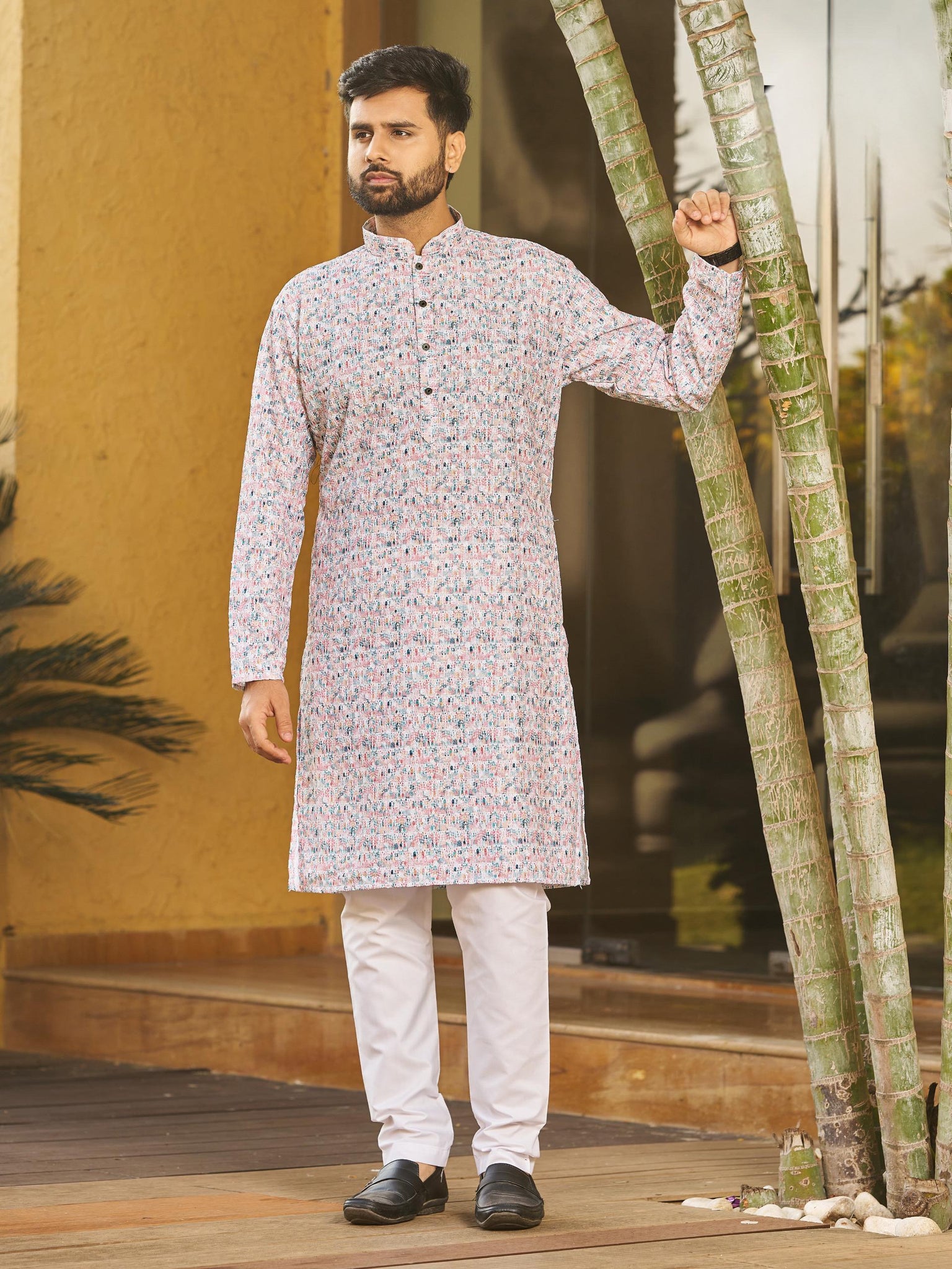 Men’s Multi-Color Rayon Kurta with Schiffli Chikan Embroidery & Print – Cotton Bottom Included
