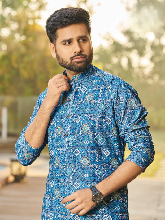 Men’s Multi-Color Rayon Kurta with Schiffli Chikan Embroidery & Print – Cotton Bottom Included