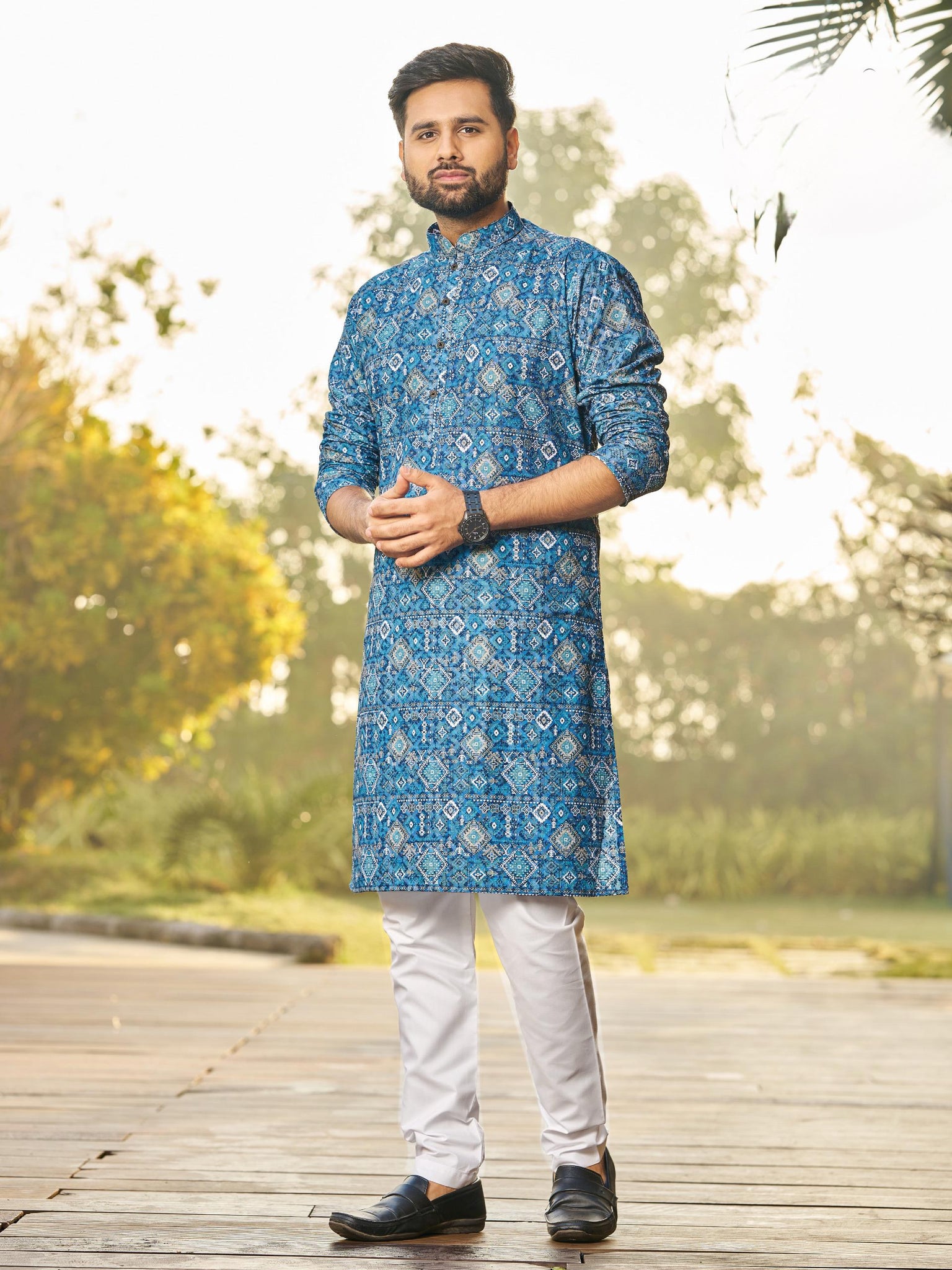 Men’s Multi-Color Rayon Kurta with Schiffli Chikan Embroidery & Print – Cotton Bottom Included