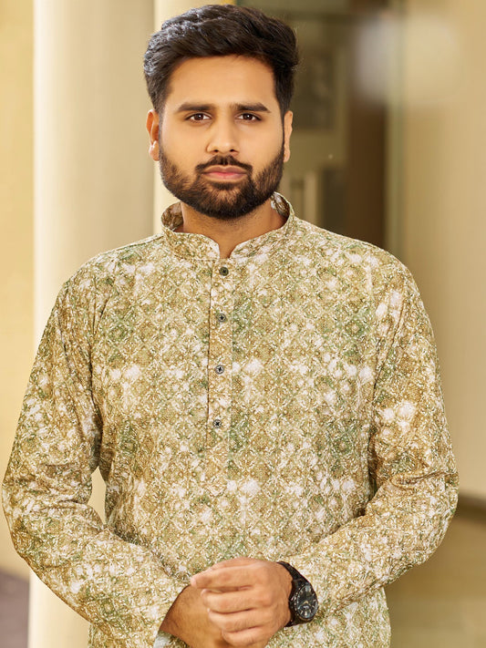 Men’s Multi-Color Rayon Kurta with Schiffli Chikan Embroidery & Print – Cotton Bottom Included