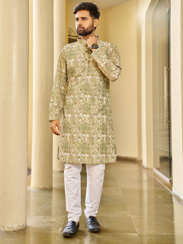 Men’s Multi-Color Rayon Kurta with Schiffli Chikan Embroidery & Print – Cotton Bottom Included