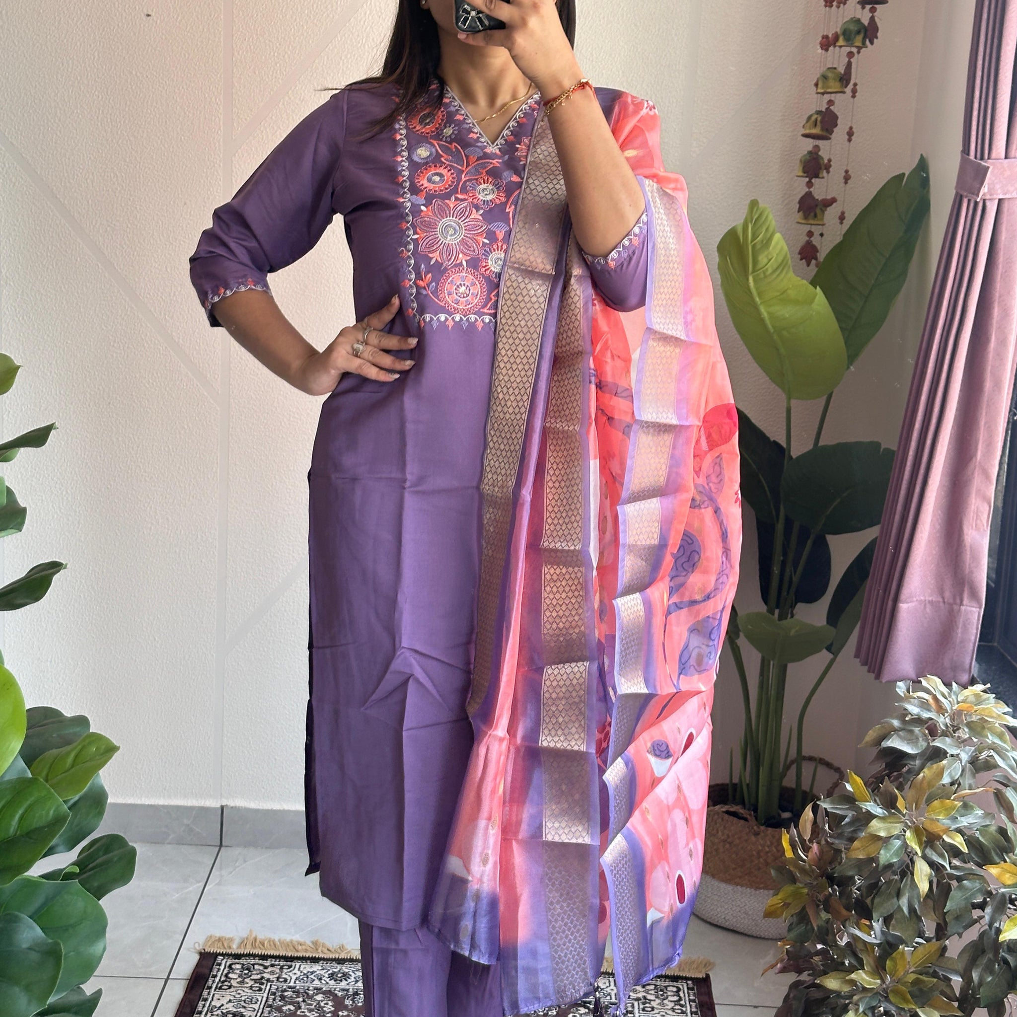 Violet Roman Silk Kurta Set With Organza Jacquard Dupatta For Women