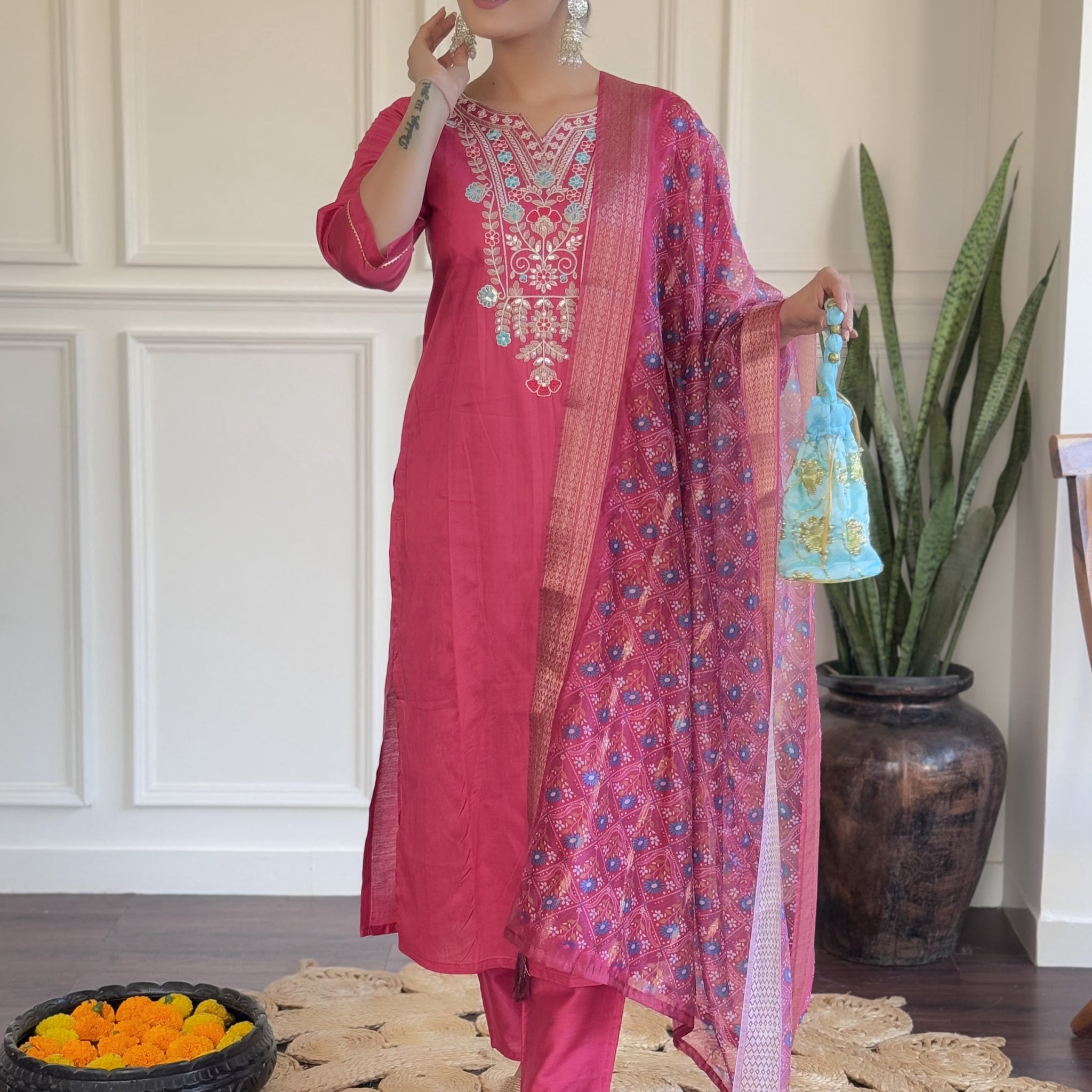 Maroon Color Gadhval Fabric Kurta Set For Women