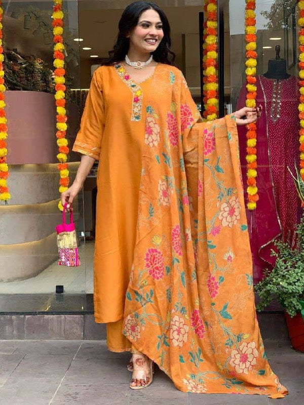 Radiance Orange Viscose Blend Kurta Set For Women