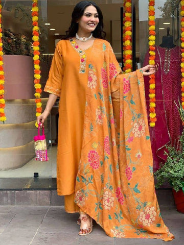 Radiance Orange Viscose Blend Kurta Set For Women