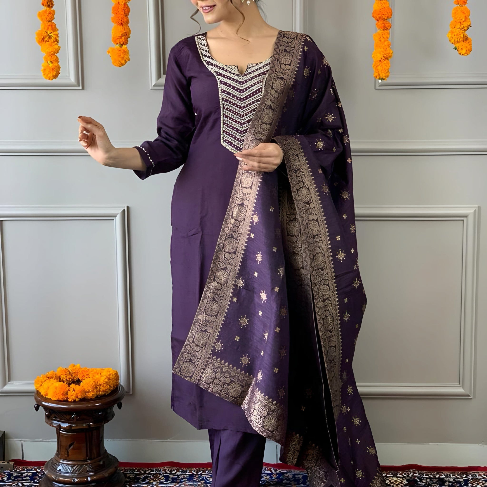 Purple Viscose Chanderi Kurta Set For Women