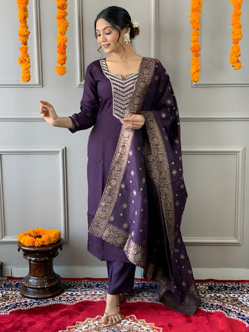 Purple Viscose Chanderi Kurta Set For Women