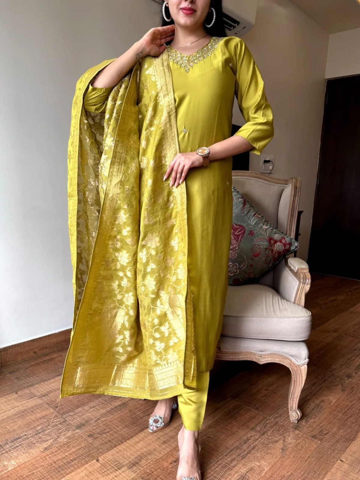 Elegant Florent Yellow Color Viscose Chanderi Kurta Set For Women