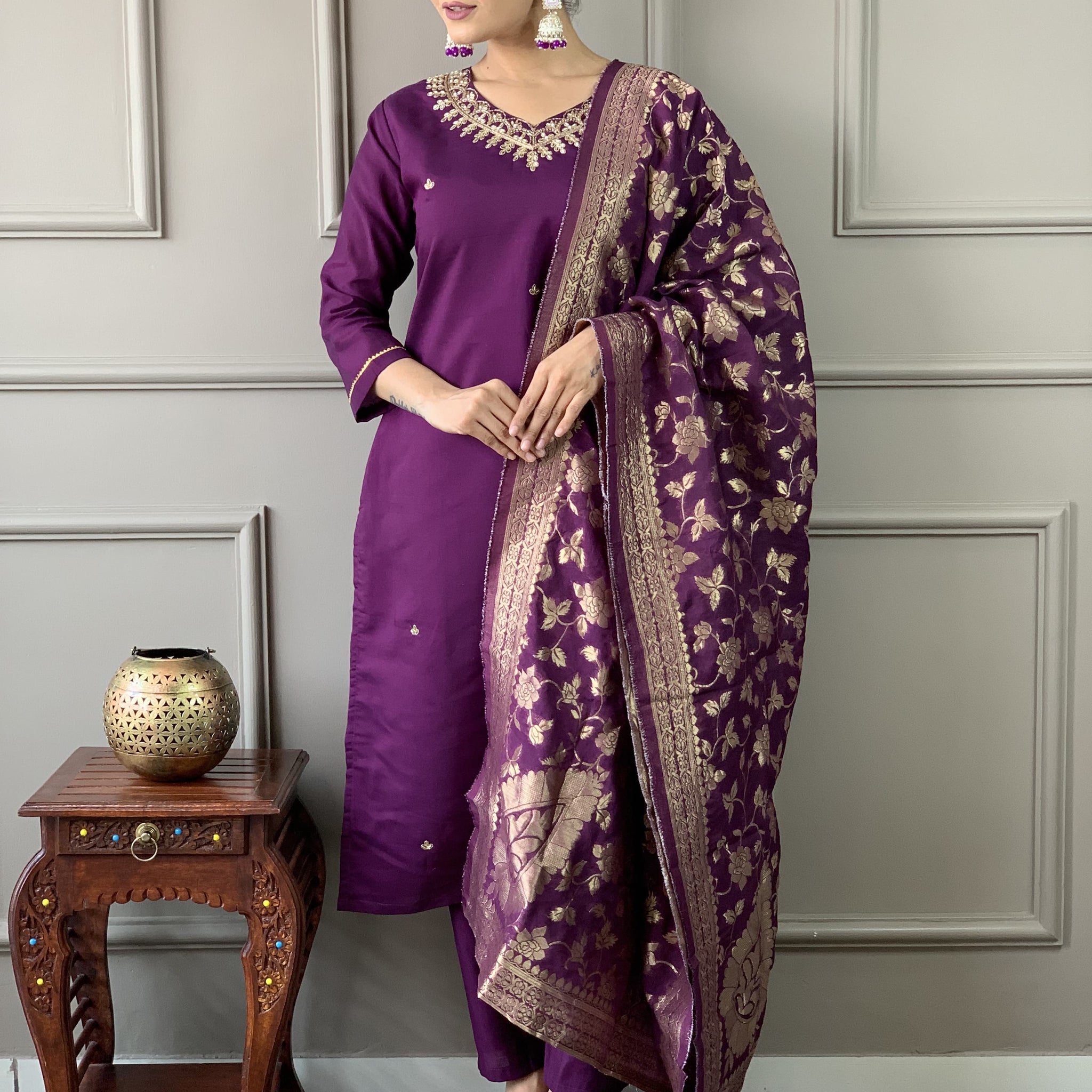 Elegant Wine Color Viscose Chanderi Kurta Set For Women
