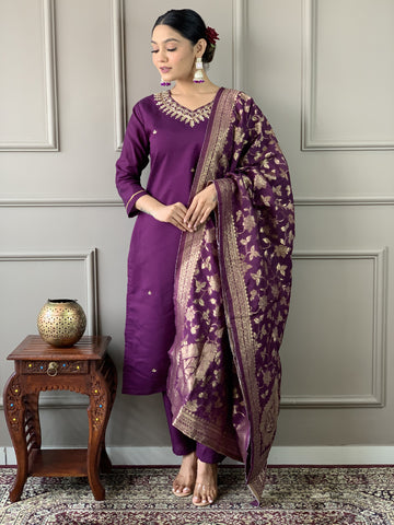 Elegant Wine Color Viscose Chanderi Kurta Set For Women