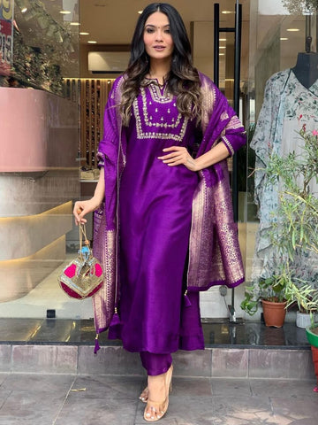 Elegant Purple Color Heavy Roman Silk Kurta Set For Women