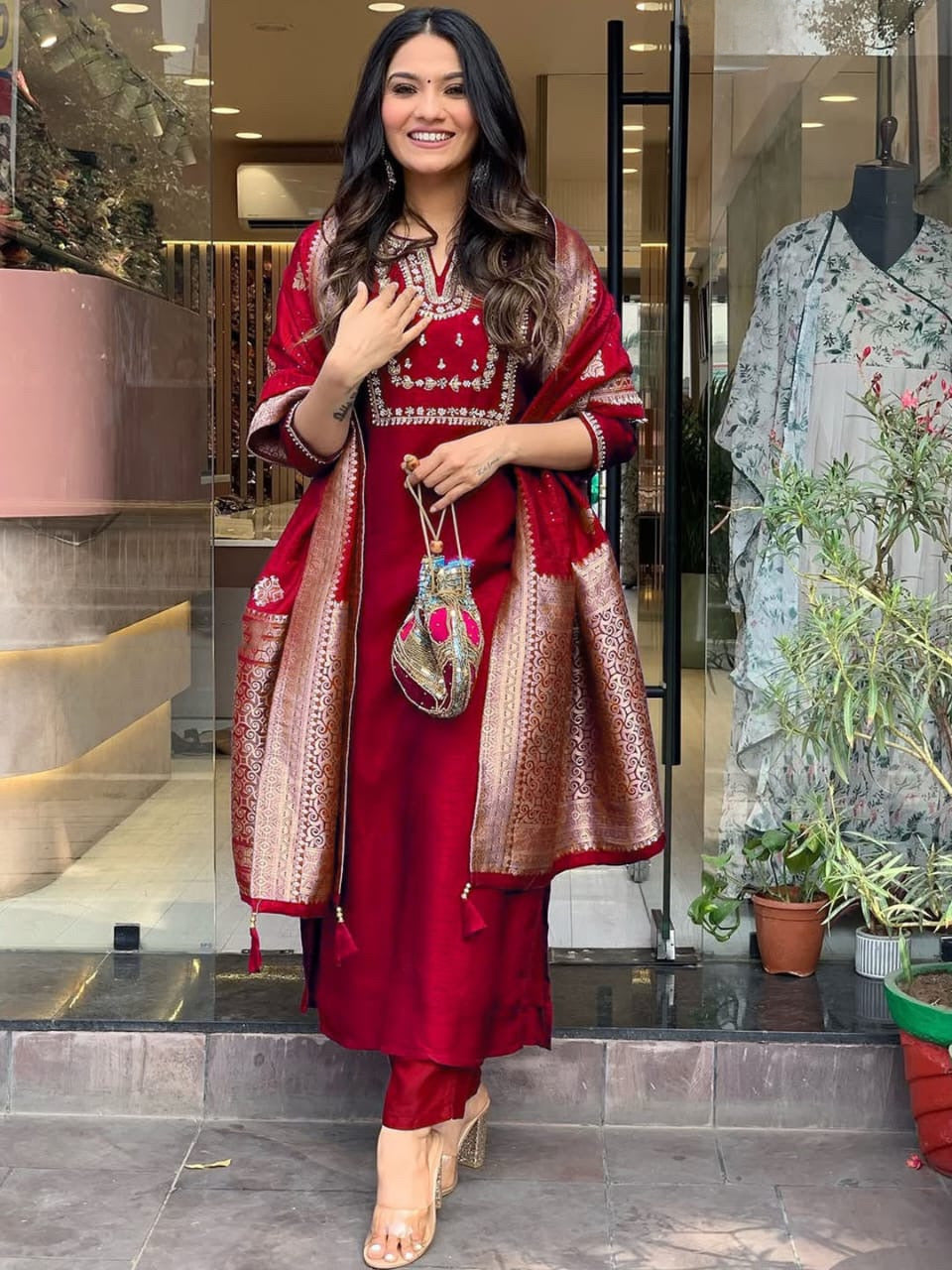 Elegant Red Color Heavy Roman Silk Kurta Set For Women