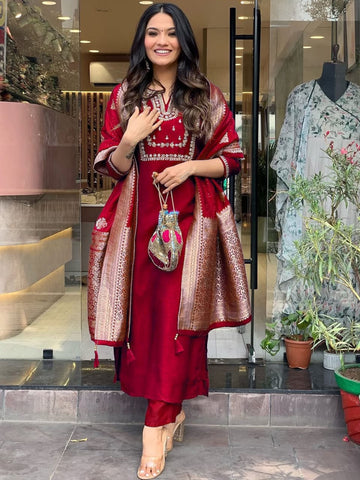 Elegant Red Color Heavy Roman Silk Kurta Set For Women