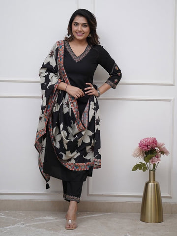 Black Viscose Silk Embroidered Kurta Set For Women