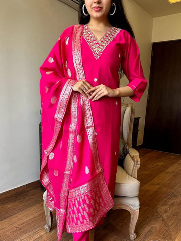 Elegance Heavy Viscose Chanderi Embrodiered Kurta Set For Women