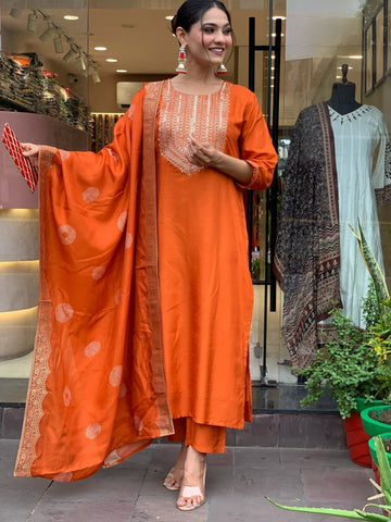 Festive Organge Embroidered Pv Silk Kurta Set With Jacquard Dupatta For Women