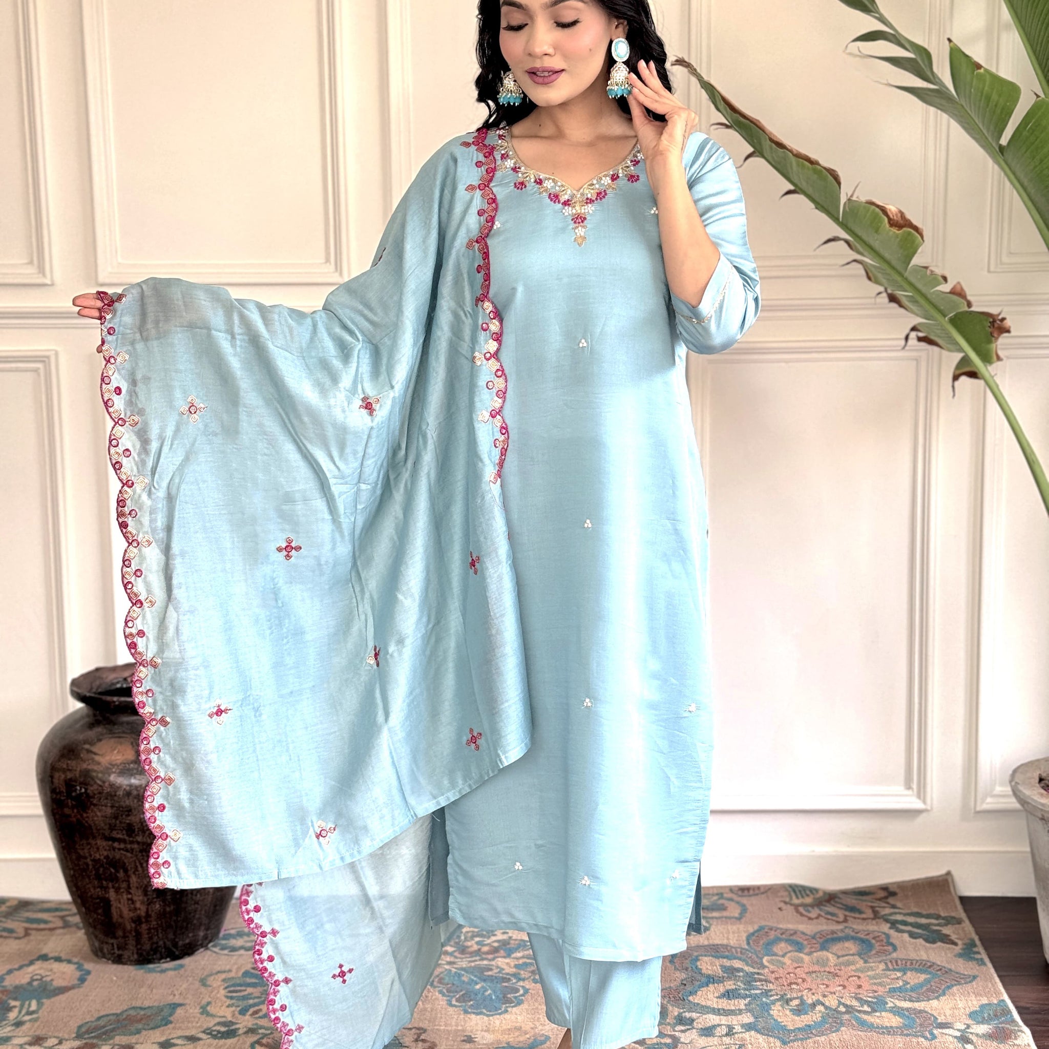 Women's Kurta Set – Sky Blue Viscose Chanderi with Dupatta