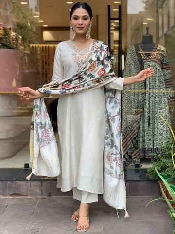 Viscose Chanderi Embroidered Kurta Set with Lagdi Satin Dupatta – Women's Ethnic Wear