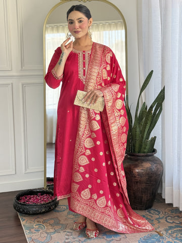 Viscose Chanderi Embroidered Kurta Set with Jacquard Dupatta – Women's Ethnic Wear