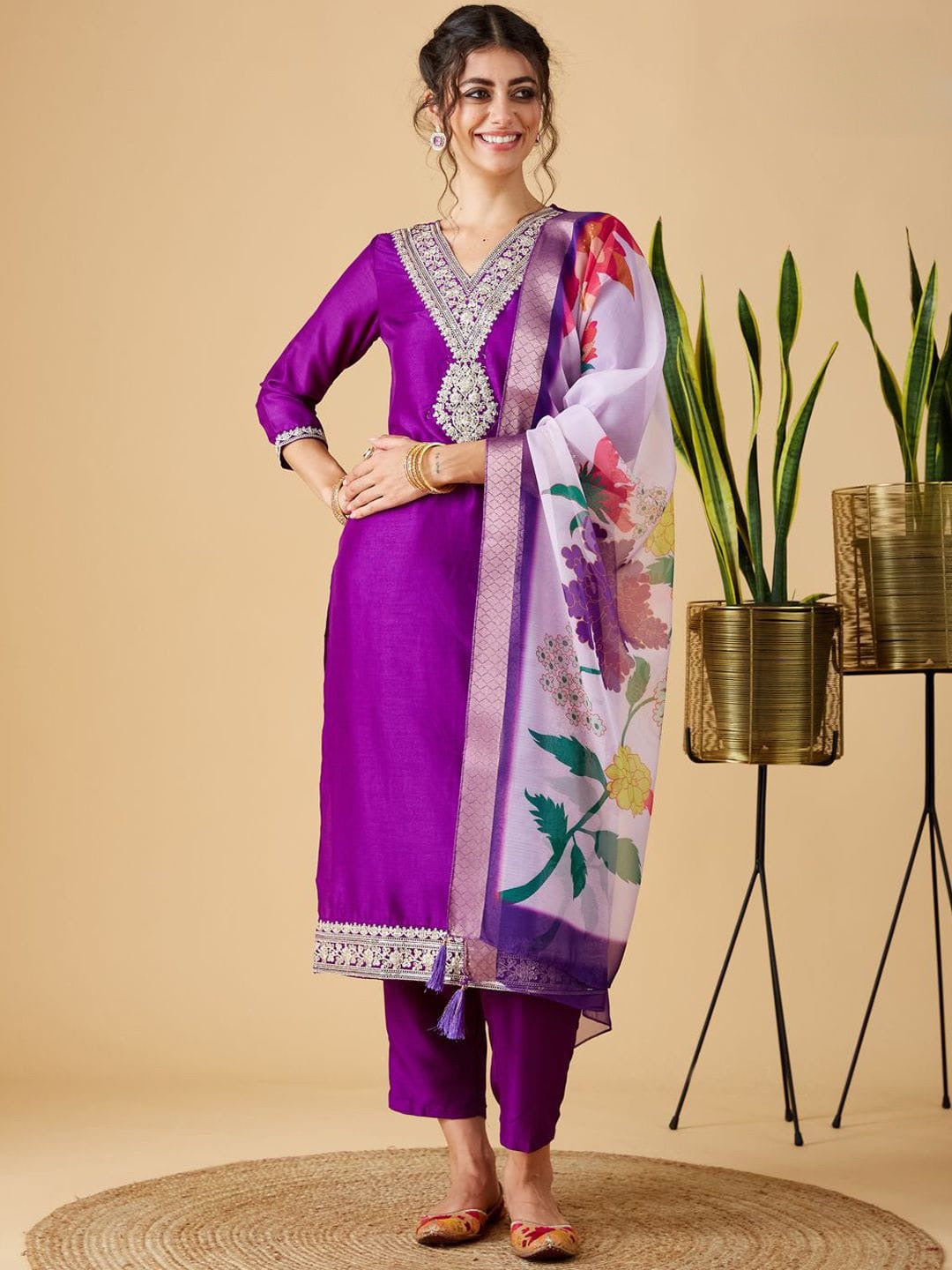 Purple Viscose Chinon Embroidered Kurta Set with Jacquard Dupatta – Women's Ethnic Wear