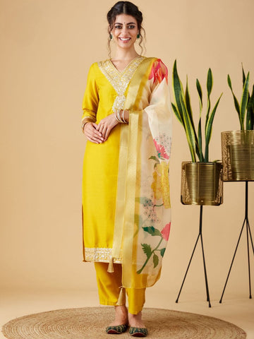 Yellow Viscose Chinon Embroidered Kurta Set with Rich Jacquard Dupatta – Festive & Party Wear for Women