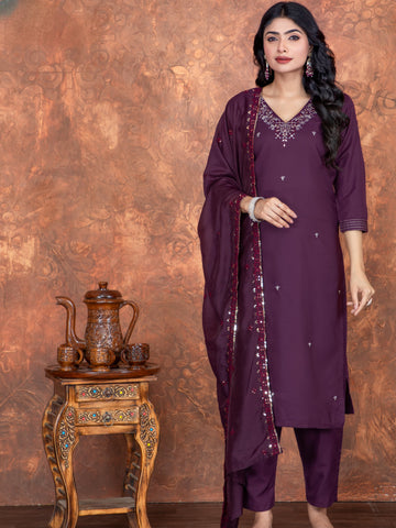 Wine Roman Silk Embroidered Kurta Set with Viscose Chanderi Dupatta – Women's Ethnic Wear