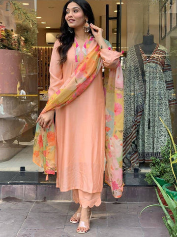 Peach Reyon Slub Embroidered Kurta Set with Tabby Printed Dupatta – Women's Ethnic Wear