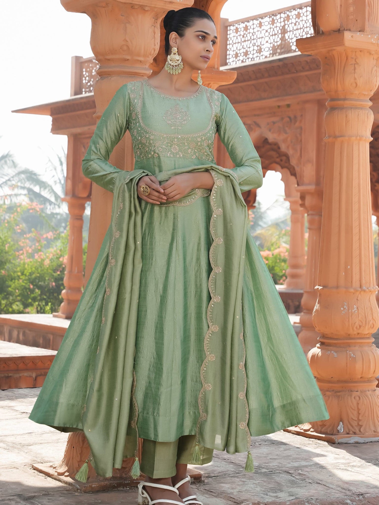 Pista Green Vichitra Silk Embroidered Kurta Set