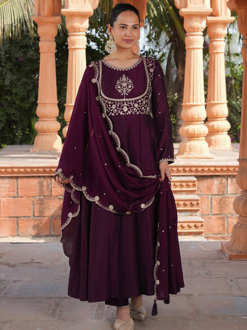 Elegant Wine Vichitra Silk Embroidered Kurta Set