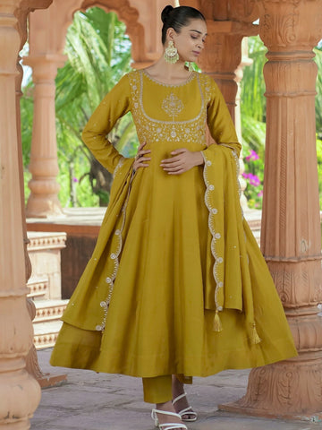 Elegant Yellow Mustard Vichitra Silk Embroidered Kurta Set