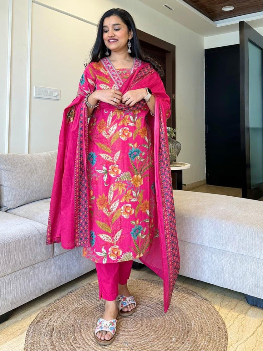 Elegant Pink Printed Embroidered Cotton Kurta Set