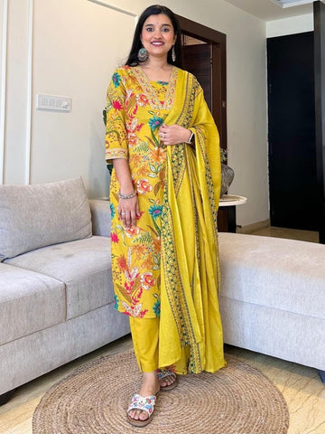 Yellow Heavy Cotton Kurta Set with Prints & Embroidery