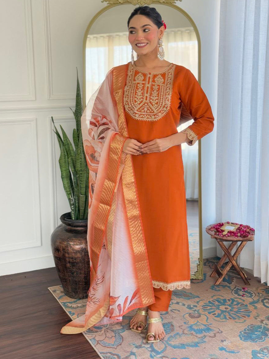 Premium Viscose Rayon Kurta Set – Orange with Butti Jacquard Dupatta
