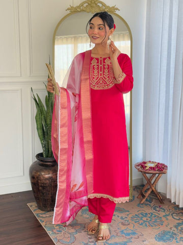 Rani Viscose Rayon Kurta Set – Embroidered with Jacquard Butti Dupatta