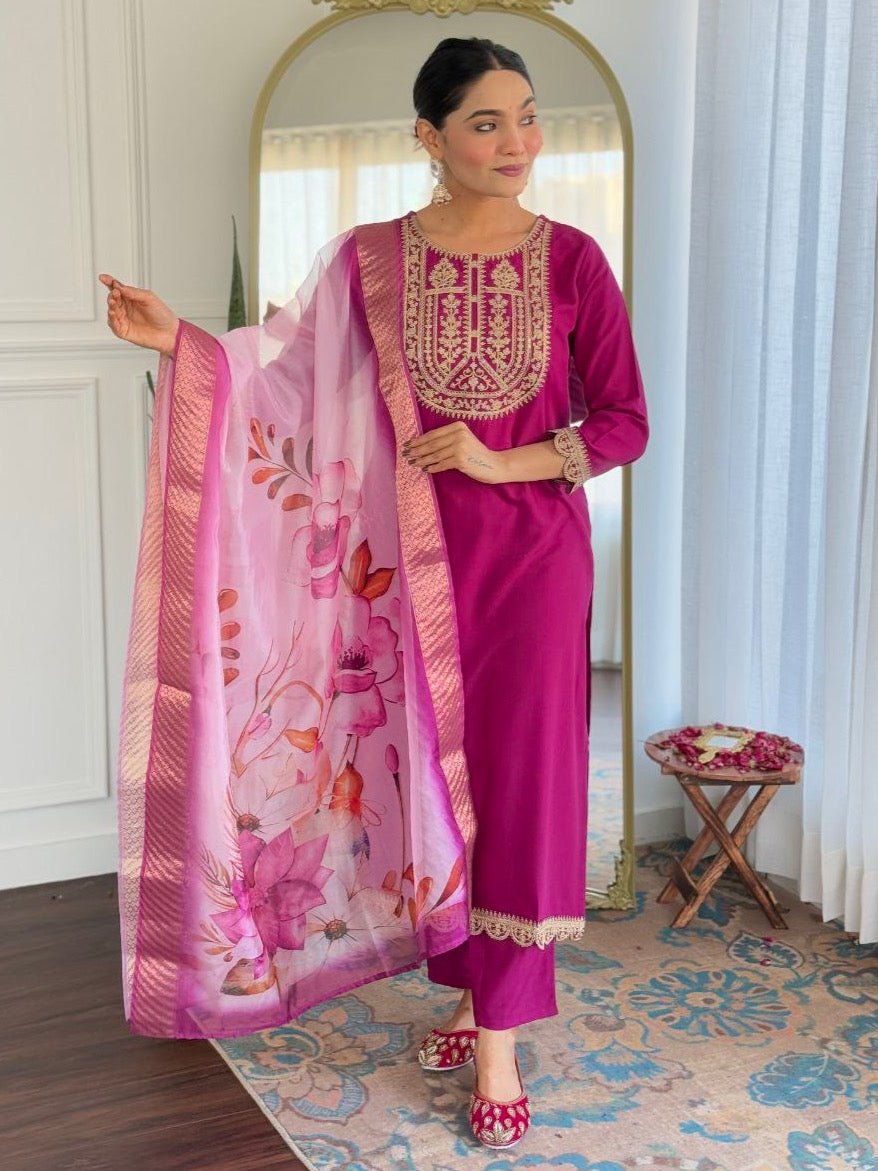 Wine Color Embroidered Kurta Set in Viscose Rayon with Jacquard Dupatta