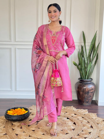 Pink Viscose Chanderi Embroidered Kurta Set with Jacquard Butti Dupatta