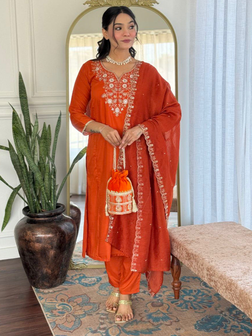 Orange Viscose Chinon Embroidered Kurta Set with Chanderi Cotton Dupatta