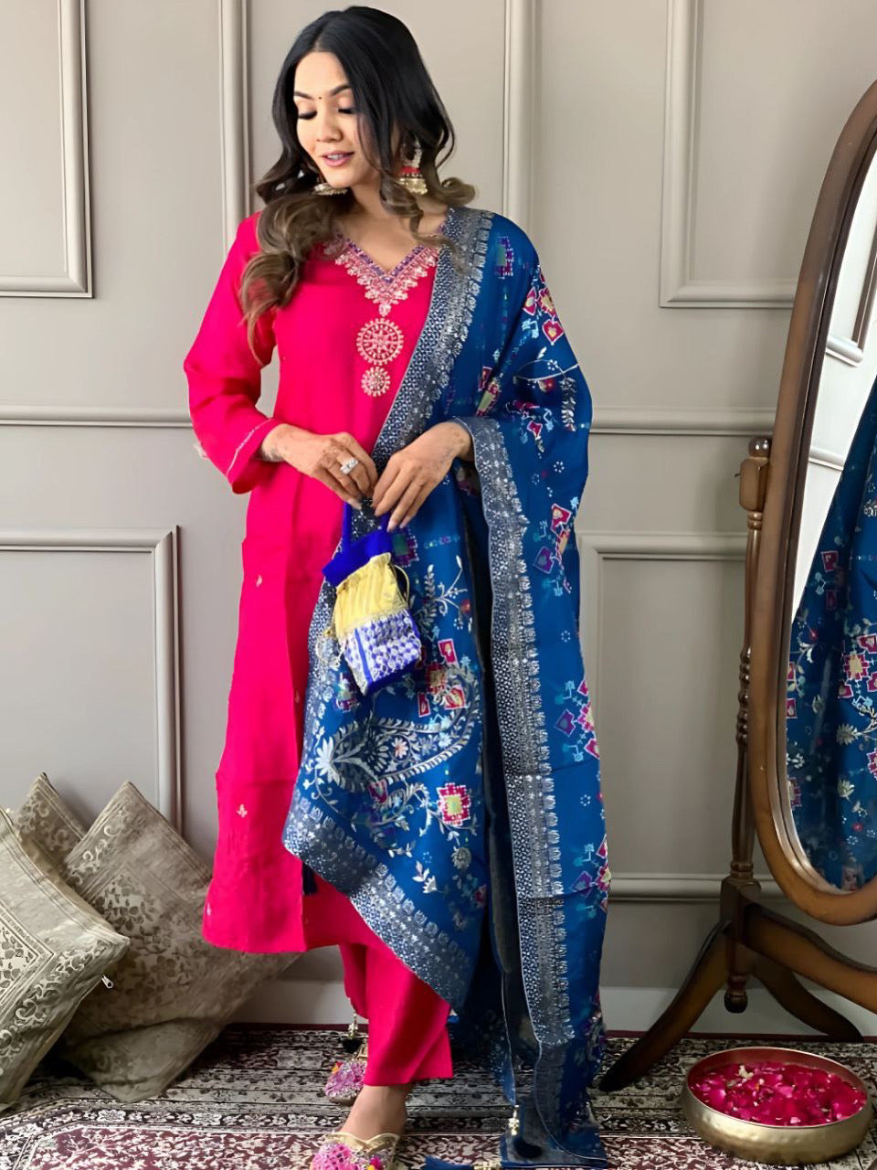 Embroidered Chanderi Kurta Set in Rani with Viscose Jacquard Dupatta