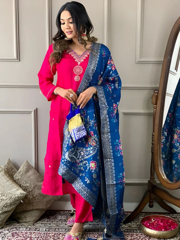 Embroidered Chanderi Kurta Set in Rani with Viscose Jacquard Dupatta