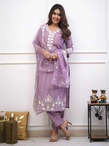 Purple Roman Silk Kurta Set with Embroidered Organza Dupatta