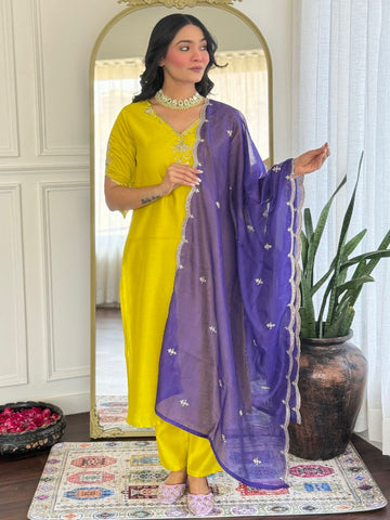 Elegant Lemon Viscose Chanderi Embroidered Kurta Set with Chanderi Silk Dupatta