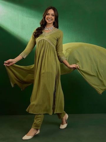 Light Green Georgette Kurta Set with Zomato Embroidery and Dupatta